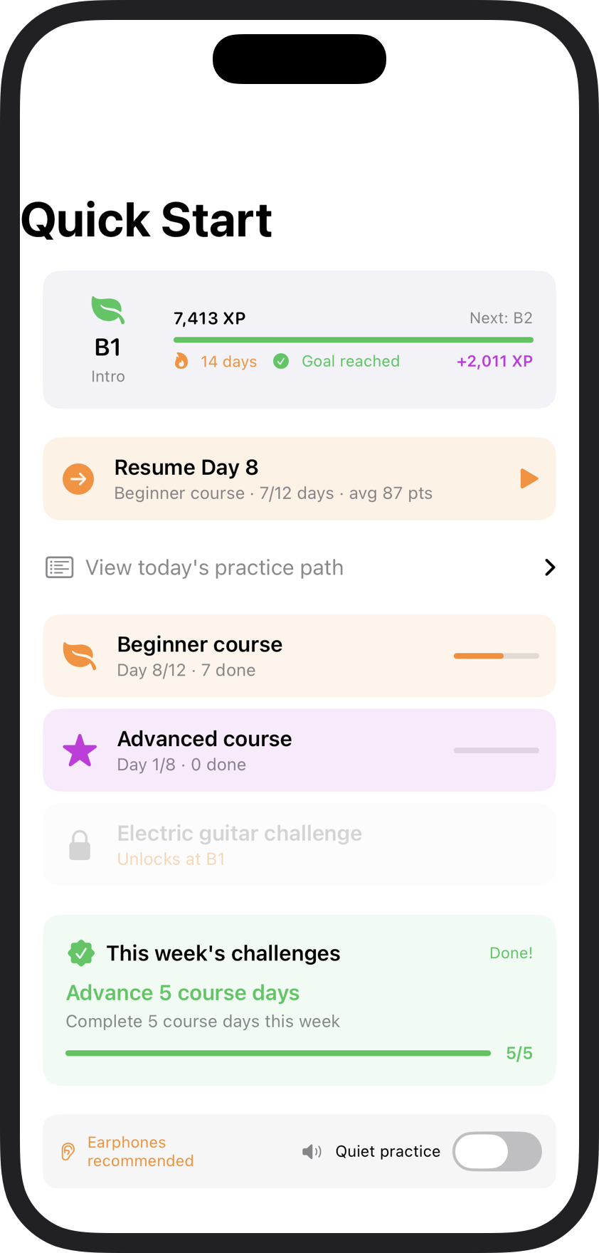 Quick Start — daily routine, courses, challenges